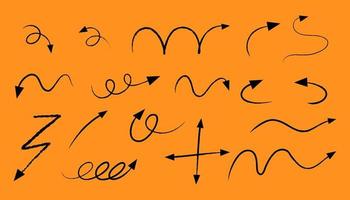 diferentes tipos de setas curvas desenhadas à mão em fundo laranja vetor