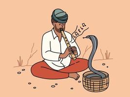 homem dentro turbante jogando em flauta com cobra dançando dentro cesta. serpente encantador jogar musical instrumento para hipnotizante. vetor ilustração.