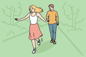 feliz jovem casal caminhando juntos dentro parque. sorridente homem e mulher apreciar romântico encontro dentro verão floresta. relacionamentos. vetor ilustração.