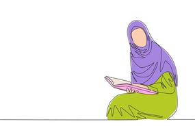 1 solteiro linha desenhando do jovem atraente muslimah com lenço de cabeça lendo livro às biblioteca. lindo ásia mulher modelo dentro na moda hijab moda conceito contínuo linha desenhar Projeto vetor ilustração