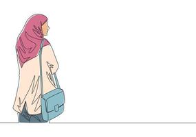 solteiro contínuo linha desenhando do jovem fofa muslimah em tradicional árabe pano com bolso bolsa. lindo ásia mulher modelo dentro na moda hijab moda conceito 1 linha desenhar Projeto vetor ilustração