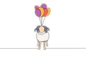 1 solteiro linha desenhando do ovelha mosca para a céu com balões. muçulmano feriado a sacrifício a animal para. Deus, eid ul adha cumprimento cartão conceito contínuo linha desenhar Projeto ilustração vetor