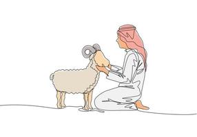 1 solteiro linha desenhando do jovem muçulmano segurando uma ovelha islâmico feriado a sacrifício uma bode ou ovelha, eid al adha cumprimento cartão conceito contínuo linha desenhar Projeto ilustração vetor