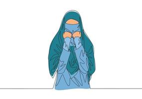 solteiro contínuo linha desenhando do jovem atraente meio leste muslimah vestindo burca com cabeça lenço. tradicional beleza muçulmano mulher Niqab com hijab conceito 1 linha desenhar Projeto vetor ilustração