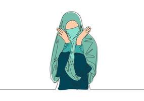 1 solteiro linha desenhando do jovem atraente beleza meio leste muslimah vestindo burca. tradicional lindo árabe mulher Niqab pano conceito contínuo linha desenhar Projeto vetor ilustração
