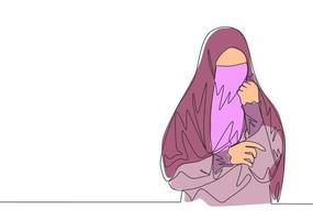 1 contínuo linha desenhando do jovem beleza ásia muslimah vestindo burca enquanto segurando dela mão. tradicional lindo islâmico mulher Niqab vestir conceito solteiro linha desenhar Projeto vetor ilustração