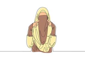 solteiro contínuo linha desenhando do jovem fofa ásia muslimah vestindo burca enquanto tocante dela bochechas. tradicional beleza muçulmano mulher Niqab com hijab conceito 1 linha desenhar Projeto vetor ilustração