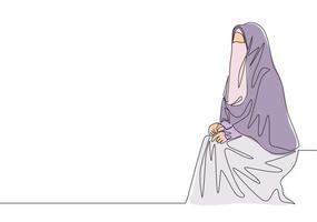 1 solteiro linha desenhando do jovem atraente meio leste muslimah vestindo burca sentado em cadeira. tradicional lindo árabe mulher Niqab pano conceito contínuo linha desenhar Projeto vetor ilustração