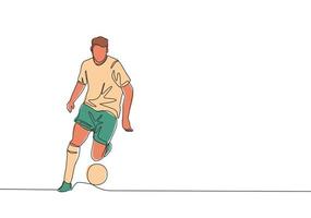 1 solteiro linha desenhando do jovem futebol craque babar uma bola tão calma às a corresponder. futebol Combine Esportes conceito. contínuo linha desenhar Projeto vetor ilustração
