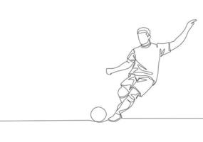 1 contínuo linha desenhando do jovem talentoso futebol jogador levar uma livre chute. futebol Combine Esportes conceito. solteiro linha desenhar Projeto vetor ilustração