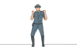 policial de desenho de linha único com gesto de comemoração e uniforme completo controla o tráfego de veículos na rodovia. patrulha em espera. linha contínua moderna desenhar design gráfico ilustração vetorial vetor