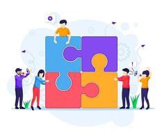 conceito de trabalho em equipe, pessoas conectando elementos do puzzle de peça. vetor