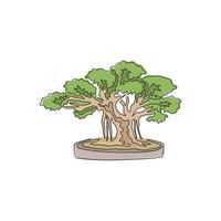 único desenho de uma linha bela e exótica árvore bonsai japonesa. pequena árvore de banyan decorativa no conceito de árvore para cartão postal de saudação. ilustração em vetor gráfico design moderno linha contínua