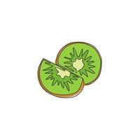 um único desenho de linha cortado em fatias de kiwi orgânico saudável para a identidade do logotipo do pomar. conceito de fruto peludo fresco para ícone de jardim de frutas. ilustração gráfica do vetor moderno desenho linha contínua