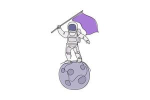 um desenho de linha contínua do cosmonauta explorando o espaço sideral. astronauta acenando uma bandeira em pé na lua cheia. fantasia conceito de descoberta de galáxia cósmica. ilustração em vetor desenho desenho de linha única