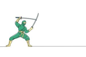 um único desenho de linha de jovem ninja tradicional japonês energético segurando espadas de samurai na ilustração vetorial de pose de ataque. conceito de esporte de arte marcial combativo. design moderno de desenho de linha contínua vetor