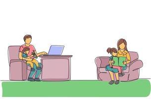um desenho de linha contínua de jovem mãe lendo livro para filha e mãe digitando no laptop em casa. conceito de parentalidade de família feliz. ilustração em vetor desenho dinâmico de desenho de linha única