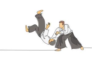 um desenho de linha contínua de dois jovens lutadores de aikido treinando luta de sparring no centro de treinamento do dojo. conceito de esporte combativo de arte marcial. ilustração em vetor desenho dinâmico de desenho de linha única