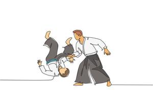 um desenho de linha contínua da técnica de luta de um jovem lutador de aikido no centro de treinamento do dojo. conceito de esporte combativo de arte marcial. ilustração em vetor desenho dinâmico de desenho de linha única