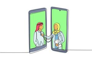 contínua uma linha desenhando dois smartphones frente a frente com a médica hijab, verificando a frequência cardíaca de paciente árabe do sexo masculino usando o estetoscópio. ilustração gráfica de vetor de desenho de linha única