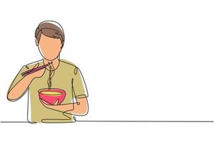 único desenho de linha jovem macho comendo macarrão refeição com pauzinhos ao redor da mesa. aproveite o almoço quando estiver com fome. comida deliciosa e saudável. ilustração em vetor gráfico design moderno linha contínua