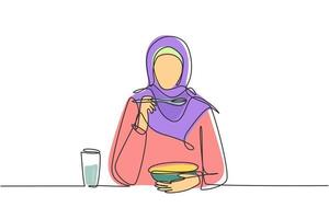 contínua uma linha de desenho jovem árabe comendo cereal com leite e colher. Desfrute do café da manhã em casa. conceito de comida deliciosa e saudável. ilustração gráfica de vetor de desenho de linha única