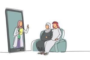 contínua de um desenho de linha hijab médica sai da tela do smartphone de frente para o paciente e dá consulta ao jovem casal paciente com esposa grávida. gráfico vetorial de design de linha única vetor