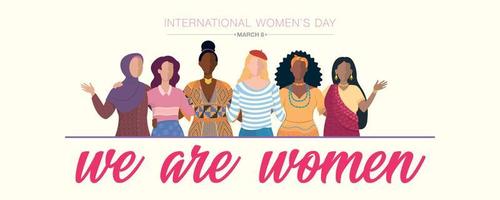 cumprimento cartão do internacional mulheres s dia. 6 abraçando mulheres do diferente etnias dentro seus tradicional vestir em branco fundo. vetor imagem