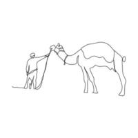 árabe homem com camelo em a deserto. 1 linha desenhando arte. mão desenhado vetor ilustração.
