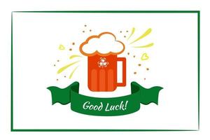 desejo do Boa sorte, torrada para irlandês festa, celebração, escrito em elegante verde fita. laranja Cerveja caneca com rico espuma e trevo Projeto. simples esboço, festivo impressão dentro cores do irlandês bandeira vetor