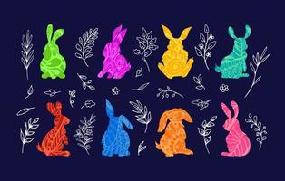 Páscoa coelhos dentro vários sentado poses, colorida mão desenhado silhuetas com étnico boho enredar padrões, branco esboços do fantasia ervas em Sombrio fundo. artístico símbolo coleção para impressões vetor