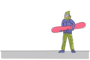 um desenho de linha contínua de jovem snowboarder desportivo segurando snowboard na montanha de neve do Alpes. conceito de esporte de estilo de vida de inverno. ilustração gráfica de vetor de desenho de linha única dinâmica