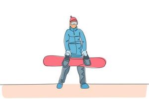 um desenho de linha contínua de jovem snowboarder desportivo segurando a prancha de snowboard na montanha de neve do Alpes. conceito de esporte de estilo de vida de inverno. ilustração em vetor desenho dinâmico de desenho de linha única