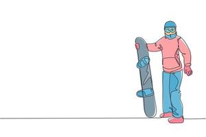 um único desenho de linha homem jovem snowboarder enérgico andar de snowboard rápido na ilustração gráfica de vetor de montanha de neve. conceito de esporte de estilo de vida de férias turísticas. design moderno de desenho de linha contínua