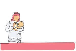 único desenho de linha contínua do jovem pai islâmico abraçando e alimentando seu bebê recém-nascido em casa. conceito de paternidade de família feliz muçulmana árabe. ilustração em vetor desenho desenho de uma linha na moda