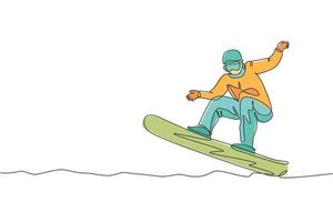 única linha contínua desenho jovem snowboarder esportivo homem andando de snowboard rápido na montanha. esporte extremo ao ar livre. conceito de férias de inverno. tendência de uma linha desenhar design gráfico ilustração vetorial vetor