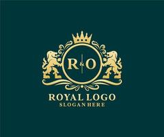 modelo de logotipo de luxo real de leão de letra ro inicial em arte vetorial para restaurante, realeza, boutique, café, hotel, heráldica, joias, moda e outras ilustrações vetoriais. vetor