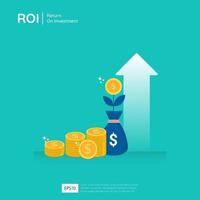 retorno sobre ilustração em vetor design de investimento. conceito de oportunidade de lucro. setas de crescimento de negócios para o sucesso. seta com dólar planta moedas, gráfico e aumento de gráfico.