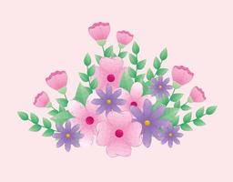 lindas flores rosa e roxas com galhos e folhas vetor