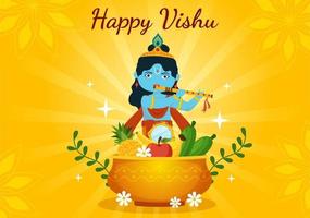 feliz vishu festival ilustração com tradicional Kerala Kani, frutas e legumes para aterrissagem página dentro plano desenho animado mão desenhado modelos vetor