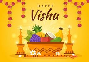 feliz vishu festival ilustração com tradicional Kerala Kani, frutas e legumes para aterrissagem página dentro plano desenho animado mão desenhado modelos vetor