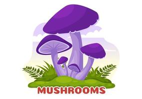 cogumelos ilustração com diferente cogumelo, Relva e insetos para rede bandeira ou aterrissagem página dentro plano desenho animado mão desenhado modelos vetor