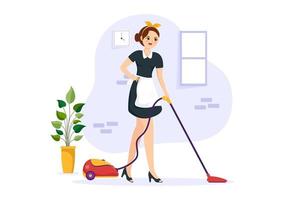 profissional menina empregada ilustração do limpeza serviço vestindo dela uniforme com avental para limpar \ limpo uma casa dentro plano desenho animado mão desenhado modelos vetor