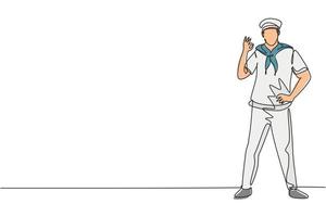 um único desenho de uma linha, o homem do marinheiro fica com um gesto de ok e um lenço ao redor do pescoço, junte-se ao navio de cruzeiro que transporta o passageiro viajando pelos mares. ilustração em vetor gráfico desenho linha contínua