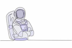 contínua uma linha desenhando um jovem astronauta do sexo masculino posando com o braço cruzado no peito antes de ir para o espaço sideral. conceito minimalista de profissão de trabalho profissional. ilustração gráfica de vetor de desenho de linha única