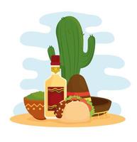 pôster de comida mexicana com taco, guacamole, garrafa de tequila, chapéu e cacto vetor