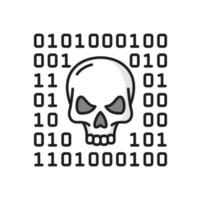 crânio e binário sistema, cyber ataque linha ícone vetor