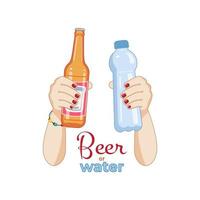 uma garrafa do Cerveja dentro uma mulher mão, uma garrafa do água dentro dela mão. uma escolha dentro Favor do saúde. vetor