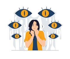 assustador olhos olhando às assustado menina assustado do Sombrio às noite, cercado de gigante olhos, esquizofrenia, pós traumático estresse transtorno, chocado conceito ilustração vetor