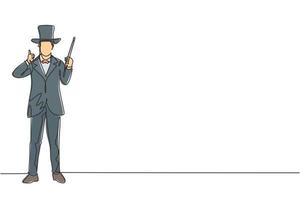 único desenho de uma linha de mágico fica com um gesto de polegar para cima usando um chapéu e segurando uma varinha mágica realizando truques em um show de circo. linha contínua desenhar design gráfico ilustração vetorial. vetor